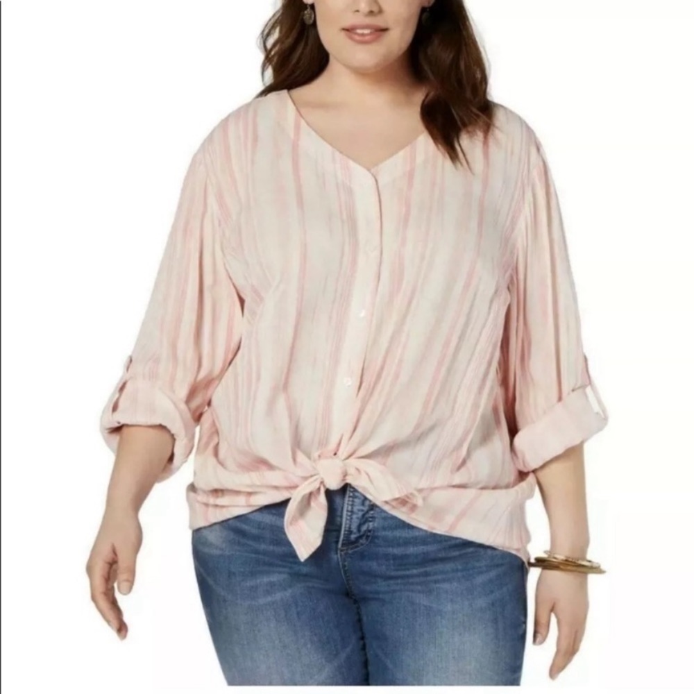 NEW Plus Style & Co Blouse Tie Front Shirt Roll Tab Sleeves Button Front Plus 1X